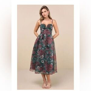 Lulus Cherished Aura Green Floral Organza Bustier Midi Dress